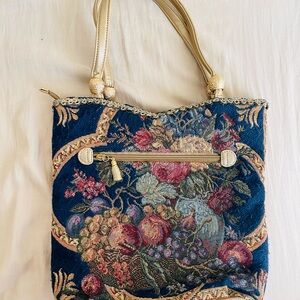 Vintage French Embroidered Tapestry Floral Purse Tote Flowery Canvas bag